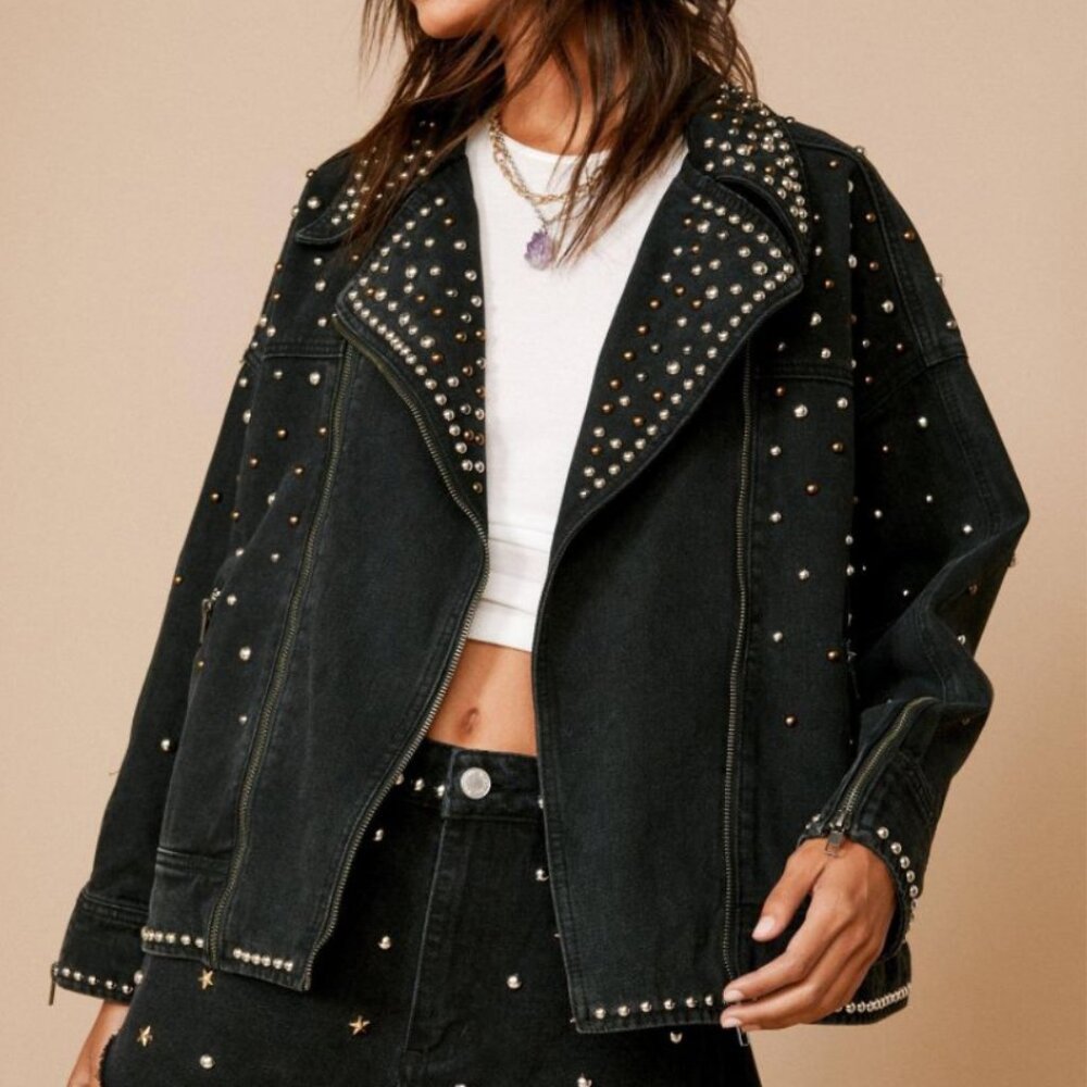 Nasty Gal Premium Embellished Studded Denim Biker Jacket, Size Small